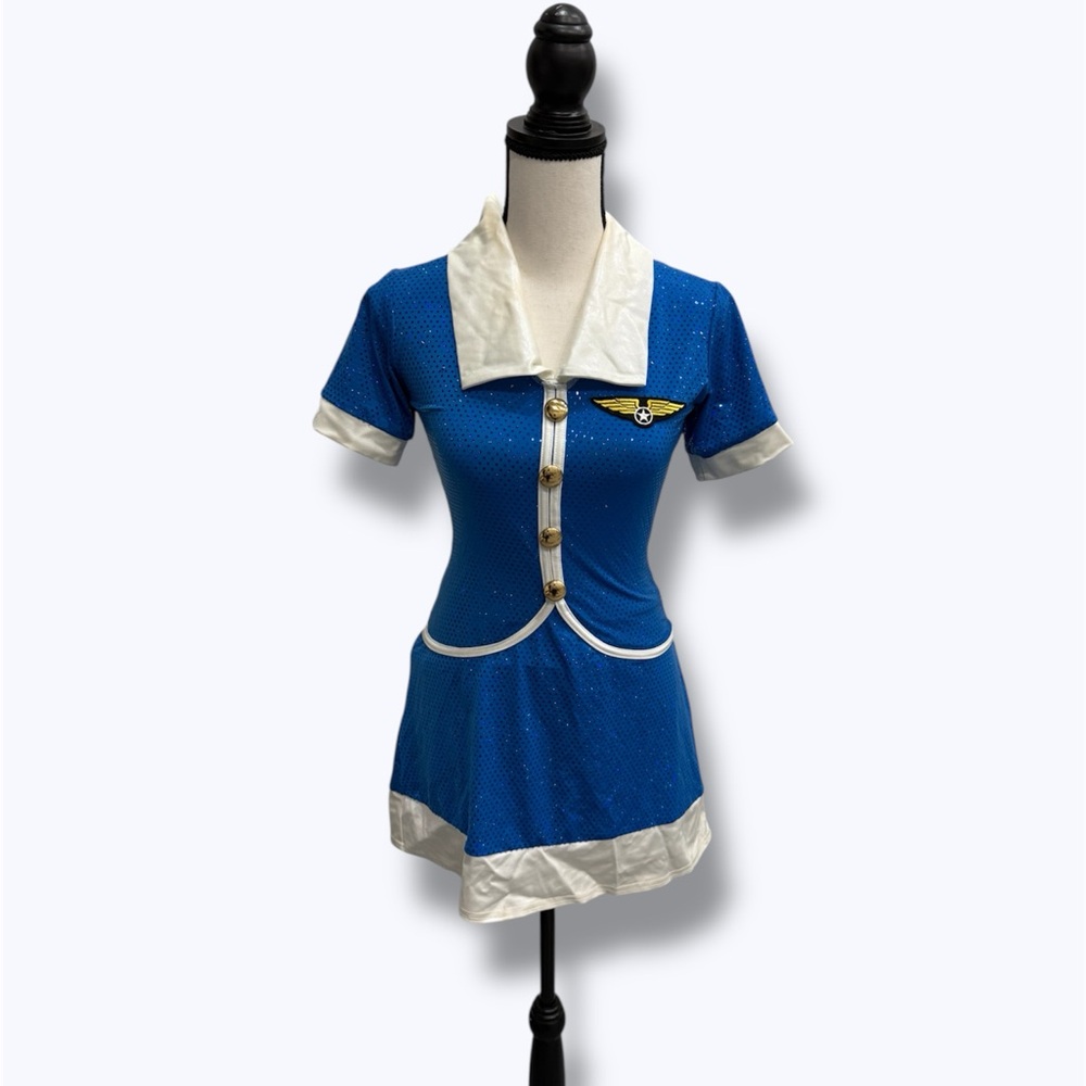 Halloween Cosplay Flight Attendant Wish Blue and White Button-Up Dress Costume
